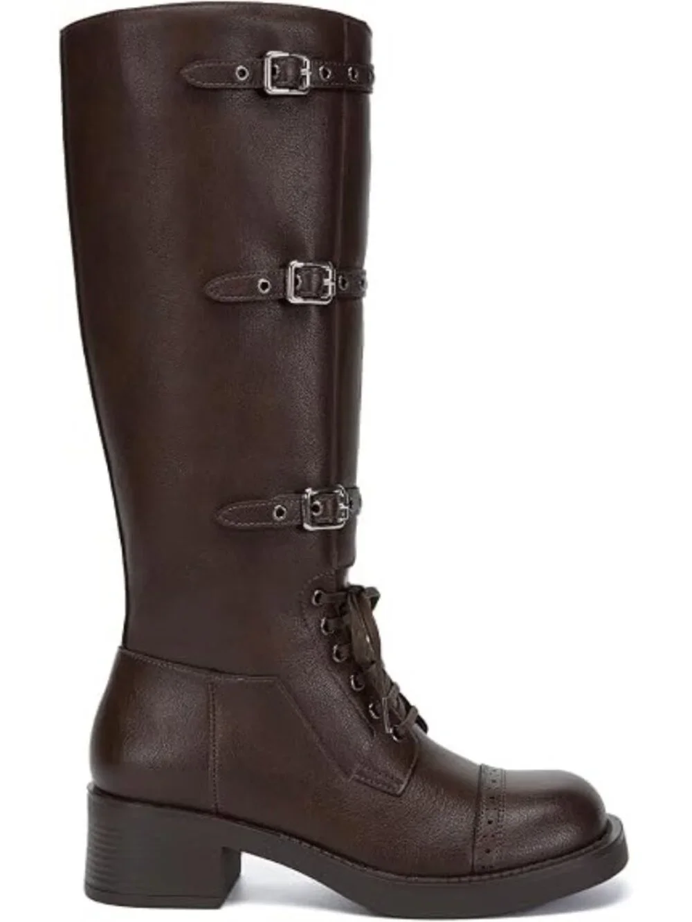 Athlefit Size 8 Riding Boots Brown Wide Calf Lace-Up Square Toe Buckles